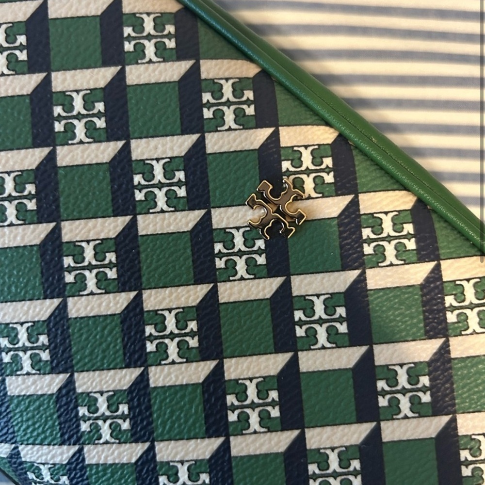 Tory Burch Green and Blue Patterned Clutch